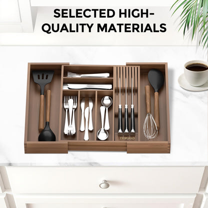 TIOPGHAD Bamboo-Silverware-Drawer-Organizer-Kitchen, Expandable Utensil Holder Cutlery Tray Flatware Organization Adjustable Wood Tableware Dividers Storage (with Removable Knife Block)(Brown)