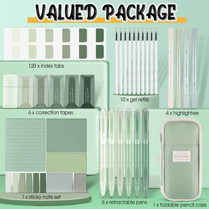Janlaugh 38 Pcs Aesthetic College School Supplies with Pen Case Sticky Notes Gel Pens Highlighters Correction Tapes Back to School Stationery Kit(Green Color,Classic)