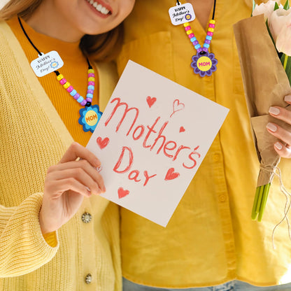 Ferreve 24 Sets Mother's Day Beads Necklace Crafts Kit Mother's Day Gifts DIY Mom Wooden Flowers Necklace Kits Bulk Make Your Own Mom Gifts for Family Classroom Making Party Favors