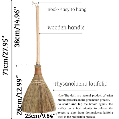 BMart Home Small Natural Whisk Sweeping Hand Handle Broom - Vietnamese Straw Soft Broom for Cleaning - Decoration Items - Indoor - Outdoor - 9.84'' Width, 27.95" Length