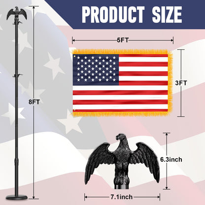 Indoor Flag Pole and Stand,8FT Flagpole Kit with Base Eagle Topper 3x5 FT American Flag,Heavy Duty Indoor Flag Pole for City Hall/Businesses/Office/Auditorium/School/Home