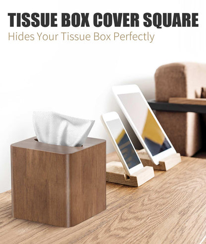 Livelab Tissue Box Cover Square - Oak Wood Tissue Box Holder for Living Room, Dinner Table, Bathroom, Office - Decorative Wooden Cube Facial Tissue Cover for Modern Farmhouse Home Decor | Brown