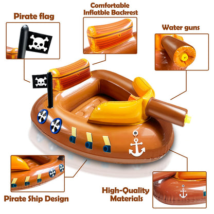 Inflatable Pirate Ship Pool Floats Kids 3-11 Years Toddler Pool Floaties with Water Cannon Gun Swimming Pool Toys Boys Girls Party Float Ride-on Floaty Rafts with Safety Seat Summer Outdoor Water Game