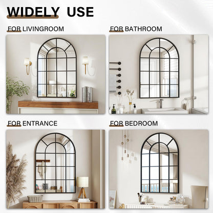 Riskioir 30"×40" Windowpane Arched Wall Mirror, Grid-Designed Decorative Farmhouse Wall Mounted Mirror with Metal Frame Hanging Leaning for Entryway, Living Room, Home Decor, Black