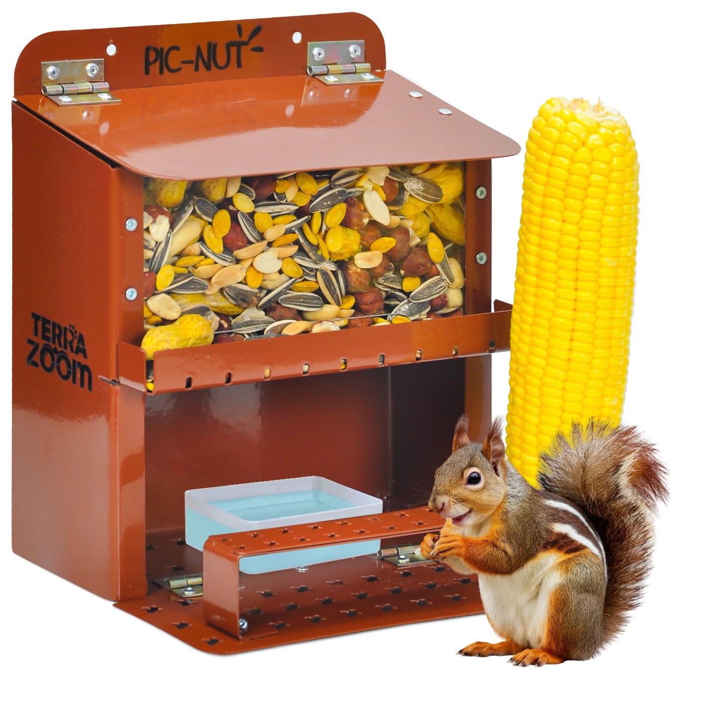 Metal Squirrel Feeder - Avoid Food Moisture and Spilling - Safe, No Assembly Needed - Chew & Weather Resistant - Squirrel Feeders for Outside - Terra Zoom Squirrel Bar - Pic-Nut