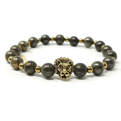 Pyrite Bracelet for Women, Men, Teens Gift - Gold Lion Pyrite Crystals and Healing Stones Mens Bracelet - 8mm Round Beaded Bracelets - Stretchy Bracelets for Chakra Protection, Meditation and Healing