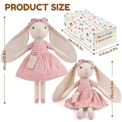 Mikee Fluffie 15" Bunny Stuffed Animal for Girls, Plush Toy Doll -Wearing Pink Plaid Dress,Cute Doll Set Dress Up for 3 4 5 Year Old Girl - Gift for Little Girl, Birthday, Easter,Christmas