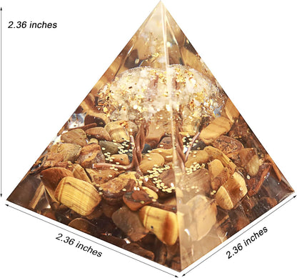 Tree of Life Orgone Pyramid Citrine with Tiger Eyes Positive Energy Healing Crystals Pyramid for Reduce Stress Chakra Reiki Meditation Attracts Lucky and Success
