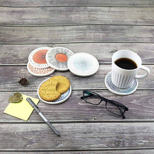 AD Set of 6 Coasters for Drinks Absorbing Round Ceramic Stone Coaster with Cork Base Tabletop Protection Mat for Mugs and Cups,Office,Kitchen (Colorful Series)