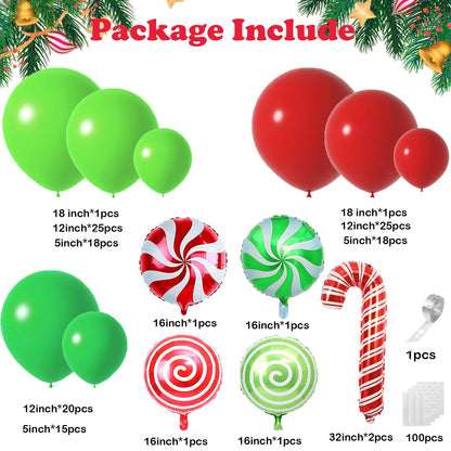 Christmas Balloon Arch Kit -129pcs Christmas Balloons With 18inch 12inch 5inch Green Red Lime Green Latex Balloons Candy Cane Balloons For Xmas Party Decorations