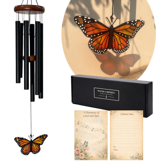 Monarch Butterfly Wind Chimes for Outside - Glass Pendant Hanging Butterfly Decorations- Deep Tone Memorial Windchime for Garden, Porch Decorations - Wind Chimes for Women, Mother's Day, Grandma