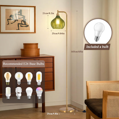EIDISUNY Floor Lamp for Living Room, Modern Standing Lamp with Remote, Dimmable, 3CCT, Arc Tall Floor Lamp with Green Glass Lampshade for Bedroom Study Room Office (Bulb Included)