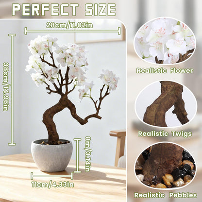 TOARTi Artificial White Cherry Blossom Potted Plant with Stone Pot, 12.2" Tall Fake Flowers Faux Plant Desk Decor, Decorative Plants Indoor Decor for for Home Bedroom Bathroom Office Desk