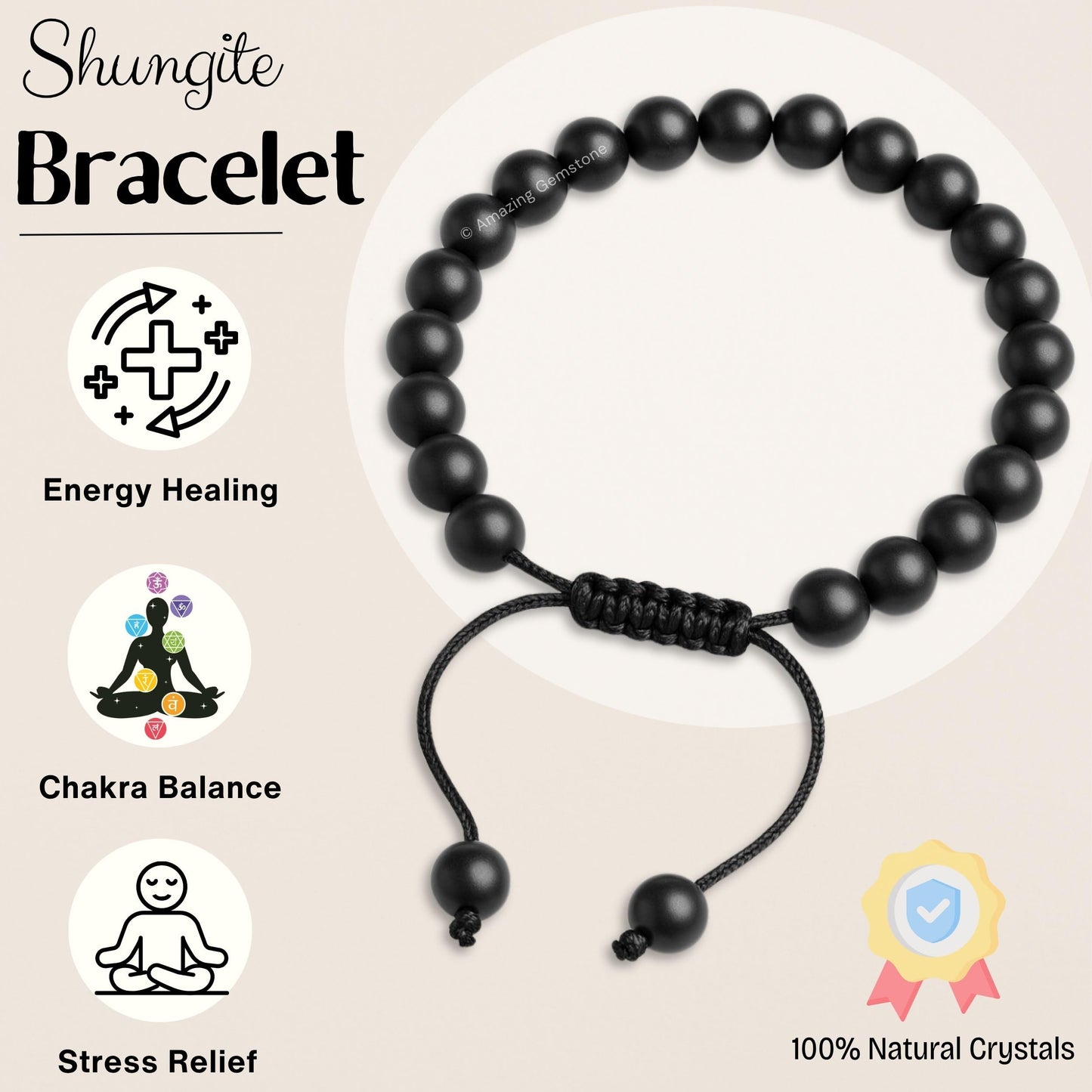 Amazing Gemstone Shungite Bracelet, Gifts For Men & Women - Protection Healing Crystal Bracelet - 8mm Gemstone Beaded Adjustable Bracelet, Pulseras Para Hombres Mujer Stocking Stuffers