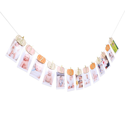 Pumpkin 1st Birthday Monthly Photo Banner for Baby Girls - Newborn to 12 Month Milestone, Pink Orange and Gold - First Birthday Decorations for Girl
