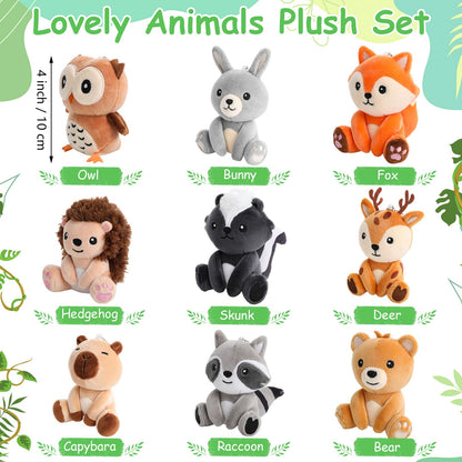 Aoriher 9 Pcs Small Forest Stuffed Animals Bulk 4 Inch Mini Woodland Plush Toys Deer Rabbit Owl Skunk Capybara Raccoon Hedgehog Brown Bear Fox for Kids Baby Shower Birthday Party Favors