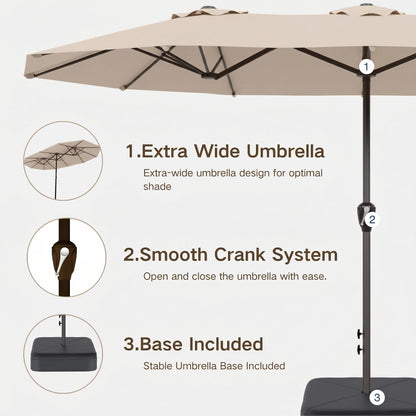 Kingdura 15ft Large Patio Umbrella with Base Included, Double-Sided Rectangle Outdoor Table Umbrella with 12 Reinforced Ribs, Crank Lift for Market Pool Deck Backyard, Beige