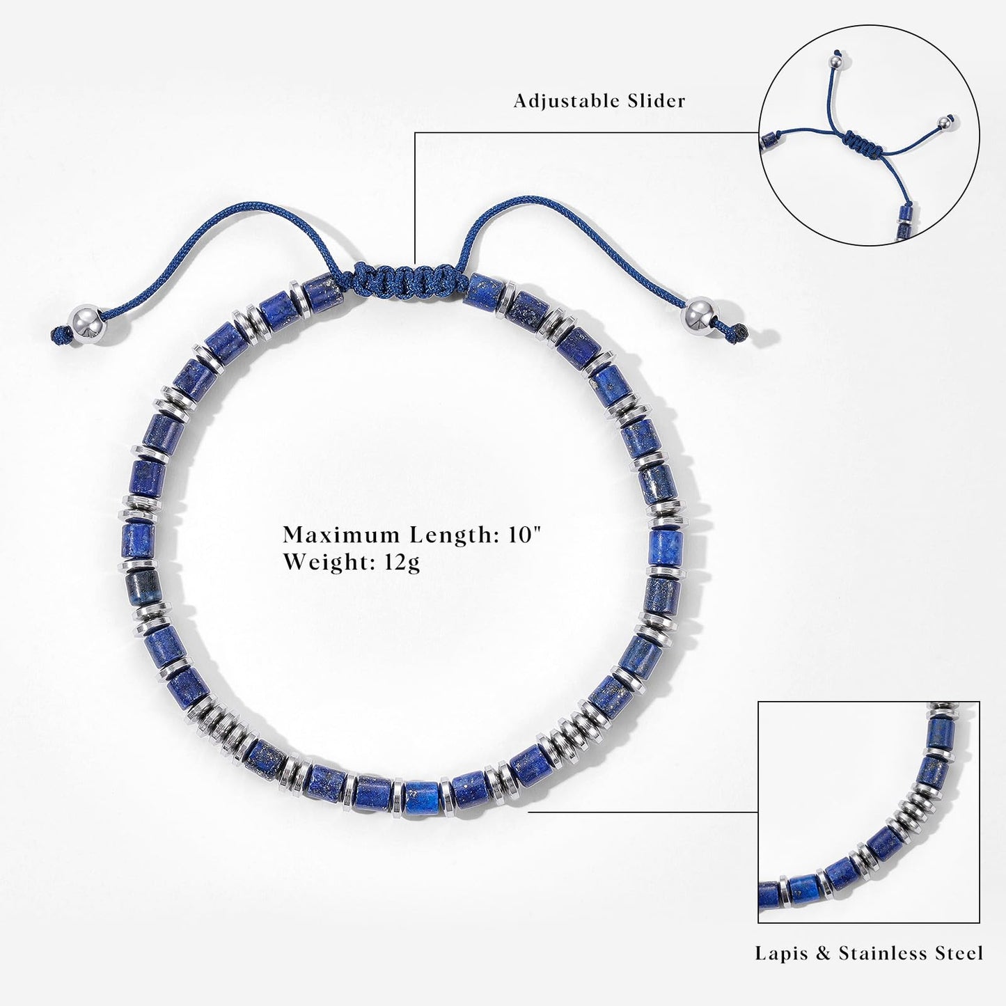 Holamonte Beaded Bracelets for Men, Link Bracelet Matched with Handmade Natural Stone, Adjustable Retractable Cord, Men's Chakra Protection Bracelet Gifts(Blue)