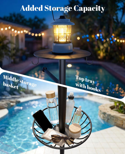 Luxspire Pool Towel Rack Outdoor, 6 Bars Outdoor Pool Towel Holder, 63 inch Heavy Duty Pool Accessories Outdoor Towel Rack with Tray and Hooks Storage for Beach, Hot Tub, Bathroom, Backyard, Black