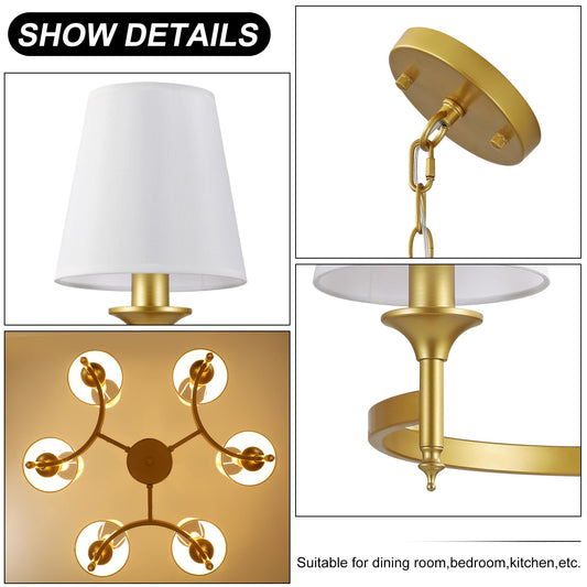 CNRATYE Gold Chandelier with White Shades, 6-Light Modern Farmhouse Chandeliers for Dining Room, Rustic Round Hanging Light Fixture for Kitchen Island Bedroom Office Living Room Entryway