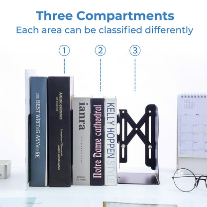 M&G Adjustable Bookends Book Ends for Shelves, Metal Bookend for Heavy Books, Desk Magazine File Organizer Holder Extends up to 20in, Book Stopper for Home, Office, Classroom (Black)