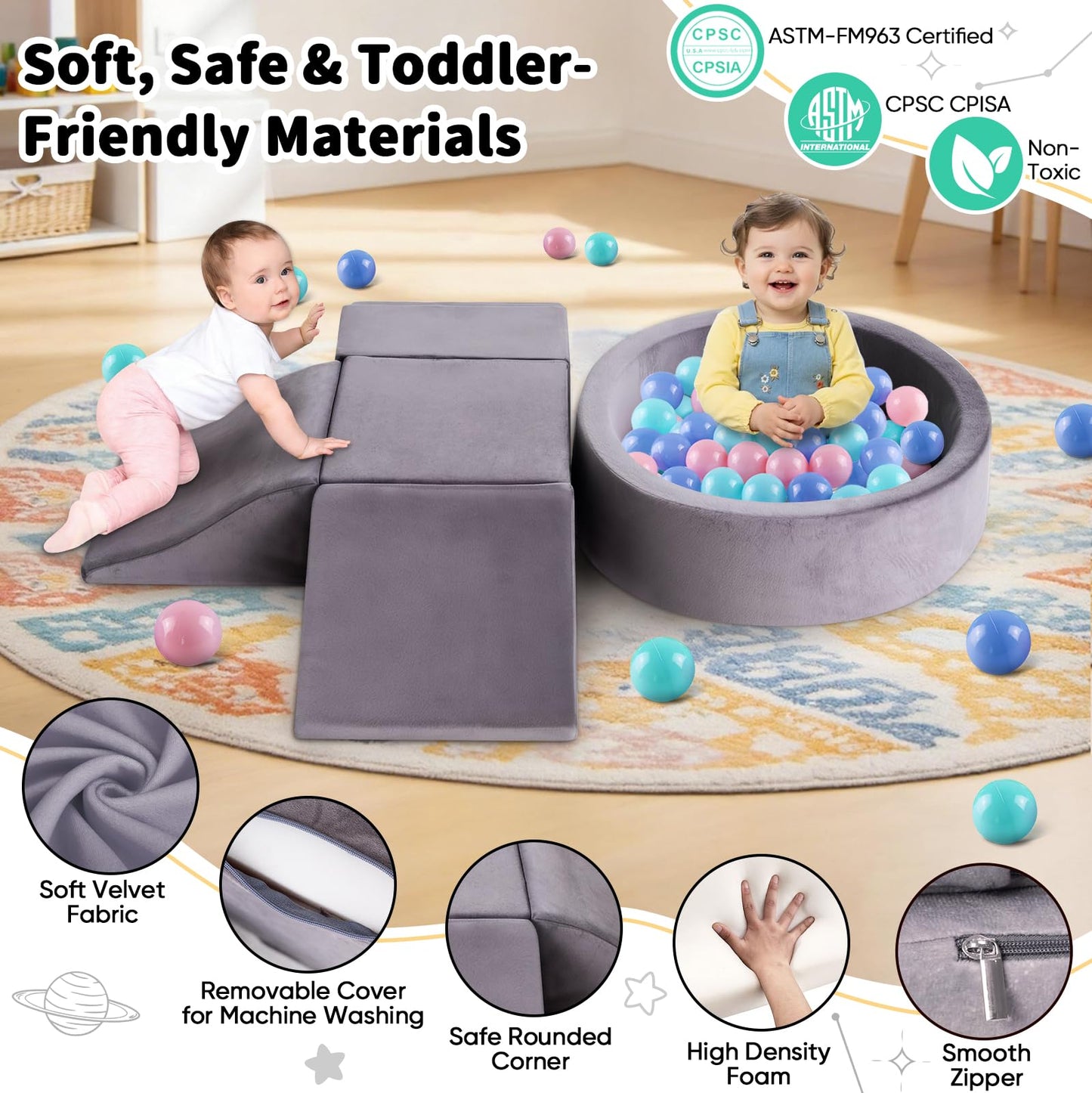 Toddler Climbing Toys Indoor for 1-3, Baby Foam Climbing Blocks with Ball Pit, Climbing Toys for Toddlers 1 Year Old, Baby Soft Play Set Modular Crawling Sliding Play Activity (Balls Not Included)