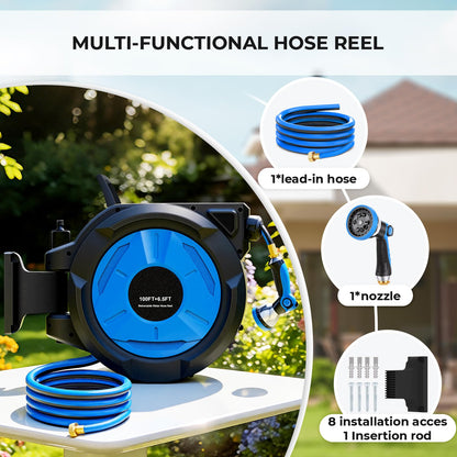Homdox Retractable Garden Hose Reel 100 ft x 1/2 inch, Automatic Garden Hose Reels with 10 Pattern Nozzle, Wall Mounted Hose Reel, Auto Rewind, 180°Swivel, Any Length Lock Water Hose Reel for Outside