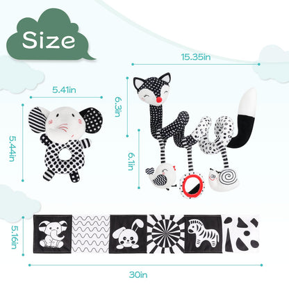 AJsupojouet High Contrast Black and White Baby Toys 3-Piece Newborn Essentials Set with Hanging Toys,Rattle Crib Mobile,baby Book & Car Seat Stroller Toys for 0-3-6-12 Months Infant Development