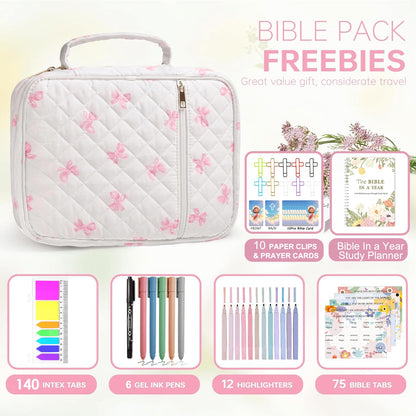 Bible Cover Set with Handle, Large Quilted Bible Bag for Women Girls, Bible Study Supplies Kit with Tabs, Pens, Sticky Notes, Study Planner & Scripture Cards, Christian Gifts for Devotional Journaling