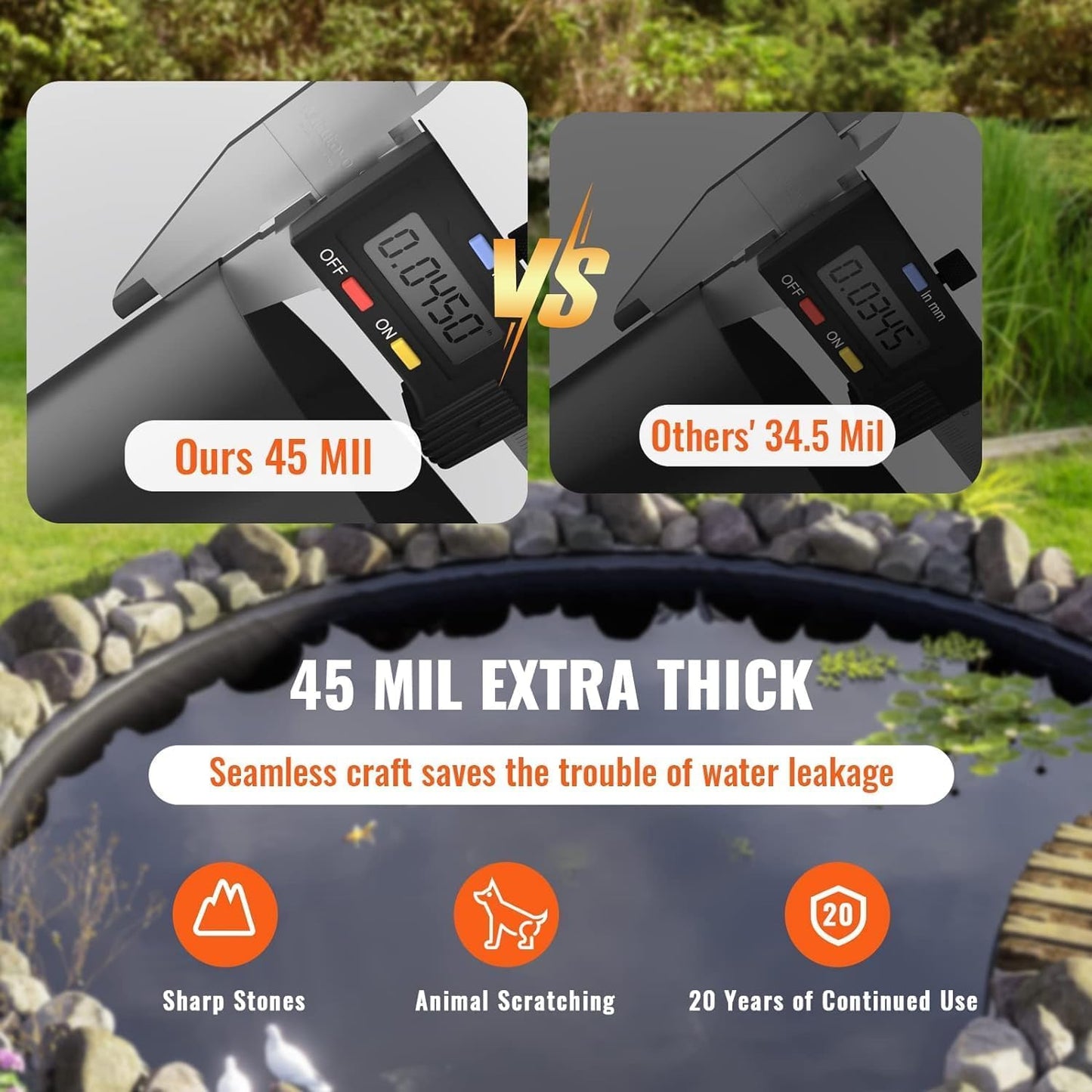 ExploreHorizon 10x15 ft Pond Liner, 45 Mil Thickness, Pliable & Durable EPDM Material, Easy Cutting & UV Resistant, for Fish or Koi, Features, Waterfall Base, Fountains and Water Gardens