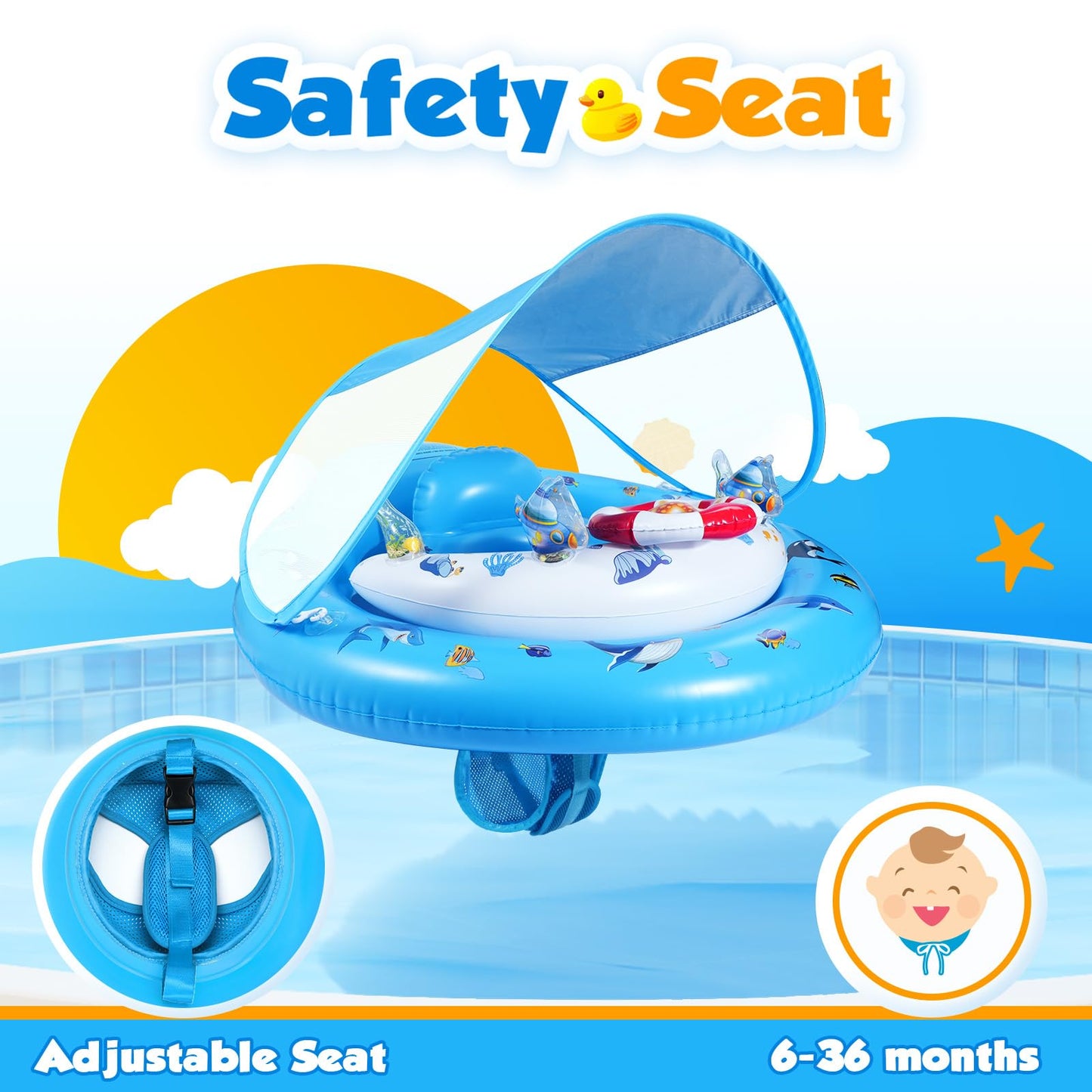 Baby Pool Float with Canopy UPF50+ Sun Protection, Inflatable Kids Pool Floats with Toy Play Console for Baby 6-36 Months, Infant Swimming Float with Adjustable Safety Seat for Boys Girls