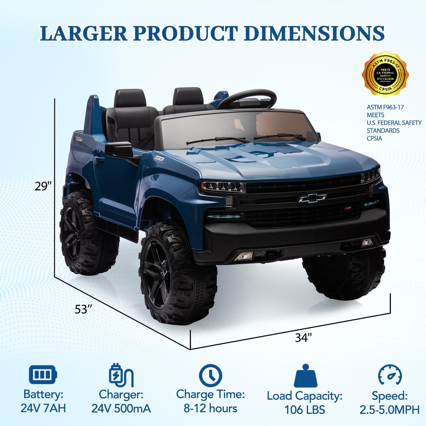 GarveeLife 24V 2-Seater Truck Licensed Chevrolet Silverado Ride On Car Kids Toy, Electric Vehicle Car for Toddlers with Parent Remote Control, Blue