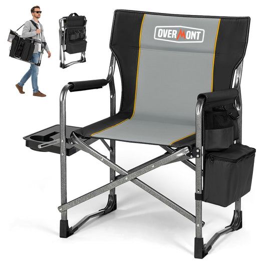Overmont Oversized Lightweight Camping Chair - Portable Comfortable Heavy Duty Foldable Directors Chairs with Side Table & Cooler Bag for Outside Camp Beach Picnic Lawn and Fishing Supports 400lbs