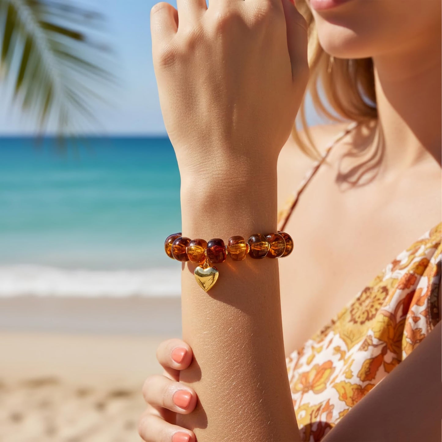 ENSKEFEN Brown Beaded Bracelets for Women Trendy Gold Heart Charm Bracelet Chunky Acrylic Resin Beads Bracelet Summer Vintage Statement Bracelets