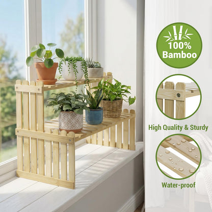 MyGift Natural Bamboo Indoor Plant Stand for Desk, 2 Tier Desktop Shelf Organizer Rack with 2 Slatted Shelves