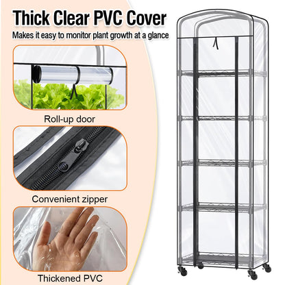 CUVERC Mini Indoor Greenhouse with Grow Light & PVC Cover Portable Small Greenhouse with Shelves Adjustable 5 Tier Metal Plant Stand with Grow Light for Indoor Plants, Seed Starting,16.5"x11.4"x56.3"