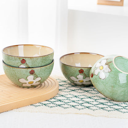 WHITEPEONY 28oz Ceramic Bowls Set of 4 for Kitchen, 6 Inch Hand-painted Floral Serving Bowls, Dishwasher Microwave Oven Safe, for Salad, Pasta, Ramen, Rice & Dessert, Breakfast Lunch Dinner, Green
