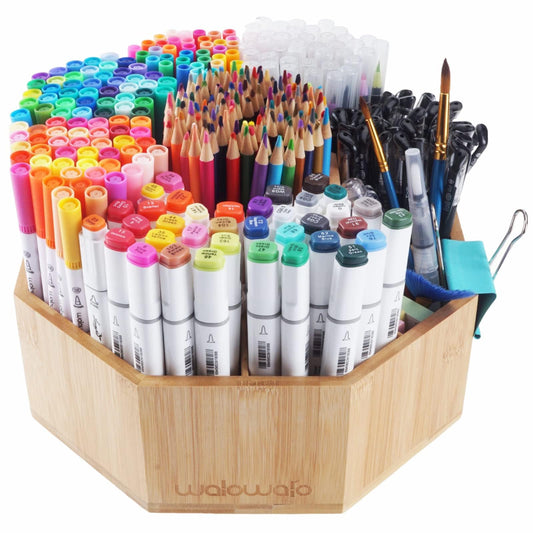 walowalo Bamboo Rotating Art Supply Organizer Holds 800+ Pencils Spinning Crayon 160 Marker Organizer Holder Desk Brush Colored Pencil Storage for Office Classroom Organization Stationary (Larger VER)