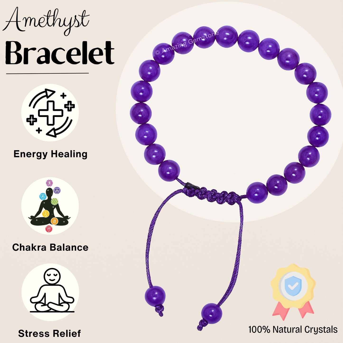 Amazing Gemstone Amethyst Bracelet for Women Men's Gifts - Protection Healing Crystal Bracelet - 8mm Gemstone Beaded Adjustable Bracelet Pulseras Para Hombres Mujer Stocking Stuffers