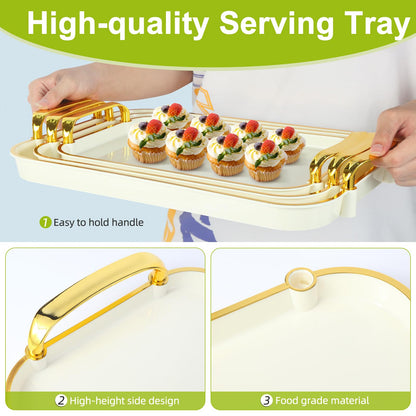 Zufudo 3 Pack Serving Tray with Handles, Stackable Reusable Trays for Serving Food, Plastic Serving Platters for Party, Charcuterie, Fruit, Appetizer, Cream Gold