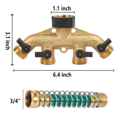 Heavy Duty Brass Garden Hose Splitter, 3/4" 4-Way "Y" Shut-Off Hose Connector Outlet Splitter Spigot Adapter with 2 Kink-Free Outdoor Faucet Extension Hose Protectors for House Lawn Patio Garden