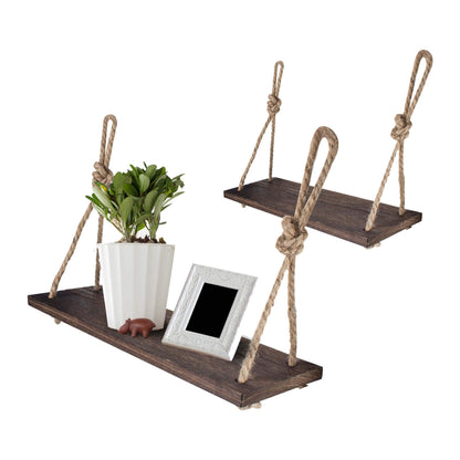 Yankario Rope Hanging Floating Shelves, Rustic Wood Wall Decor Swing Shelf with 4 Hooks, Pack of 2