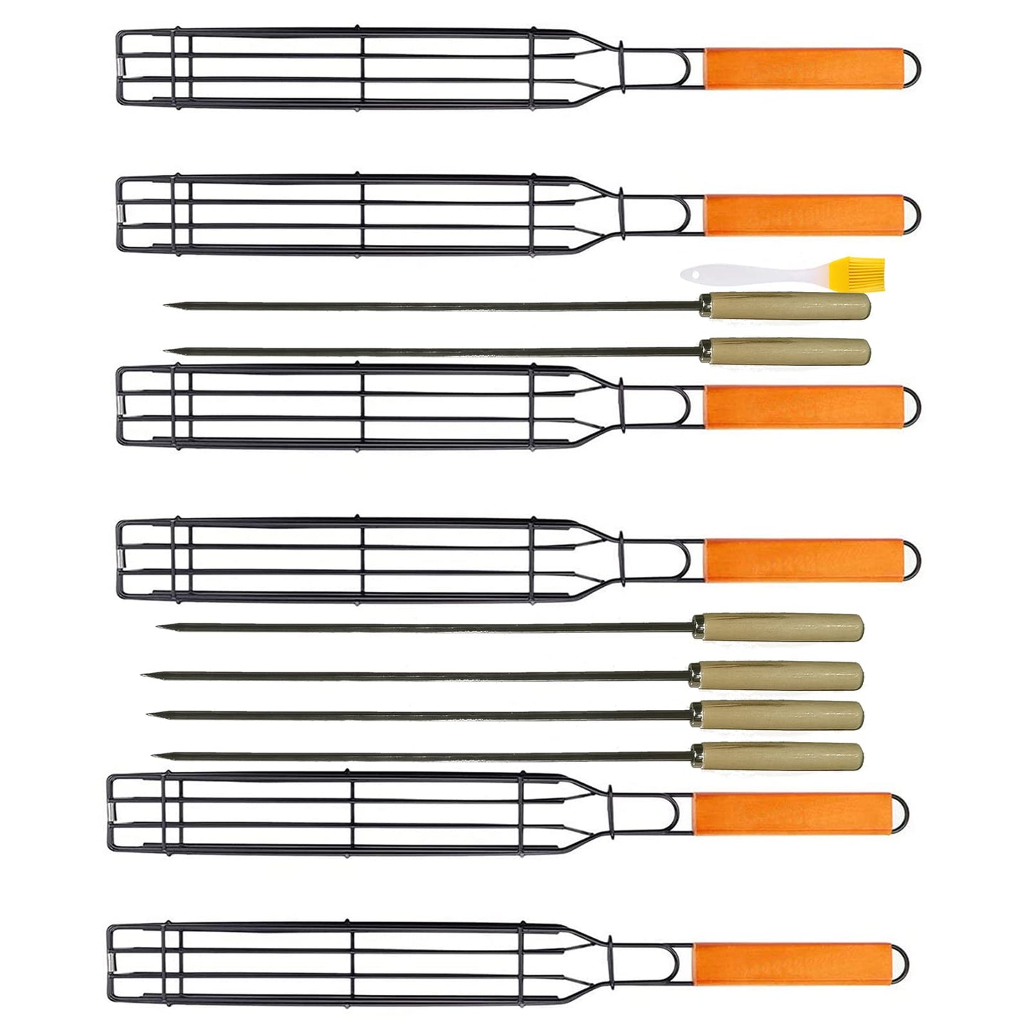 TQ-OUTDOOR Kabob Grilling Set - 6 Non-Stick Grill Baskets & 6 Stainless Steel Skewers - Long Handle, 15.5 Inch, Steel