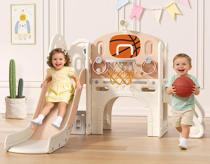 BIERUM 9 in 1 Toddler Slide, Baby Slide for Toddlers Age 1-3 with Ring Toss, Basketball Hoop and Telescope, Indoor Outdoor Playset Playground Beige Coffee