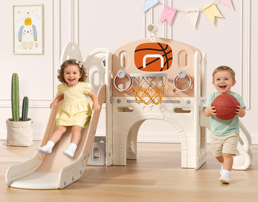 BIERUM 9 in 1 Toddler Slide, Baby Slide for Toddlers Age 1-3 with Ring Toss, Basketball Hoop and Telescope, Indoor Outdoor Playset Playground Beige Coffee