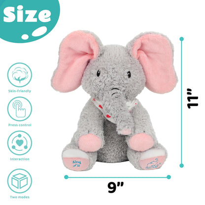 Cuteoy Peek A Boo Elephant Interactive Plush Toy with Moving Ears Musical Singing Talking Stuffed Animal Adorable Electric Animate Christmas Birthday Gifts for Girls Boys