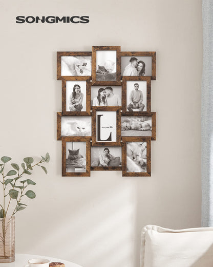 SONGMICS Collage Picture Frames, 4x6 for Wall Decor, Multi Family Photo for Gallery Decor, Hanging Display, Set of 12, Rustic Brown URPF026X01