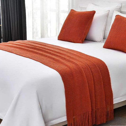 Bed Runner Scarf Bedspreads Bed Runners King Size Knitting Bed Blanket Sofa Blanket with Tassel Solid Color Bedding Scarf Protection Home Hotel Decorative Bed Throw-Orange||45*45cm Pillowcase*1