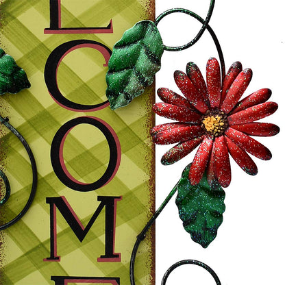 E-view Metal Welcome Sign Rustic Wall Hanging Plaque - Decorative Welcome Flower Signs for Porch Front Door Farmhouse Home Decoration Garden Themed Wreath Ornament (Red)