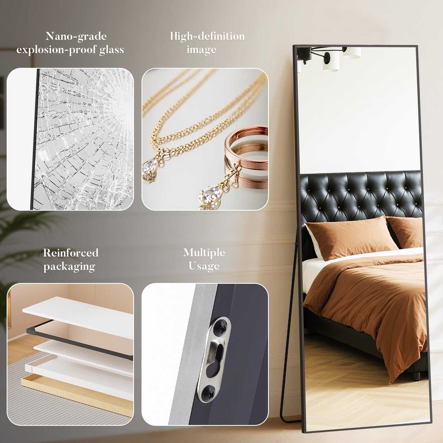 OLIXIS Black Full Length Mirror 60"x16" for Bedroom, Full Body Mirror with Stand, Hanging or Leaning for Wall, Aluminum Alloy Thin Frame Floor Standing for Living Room, Long